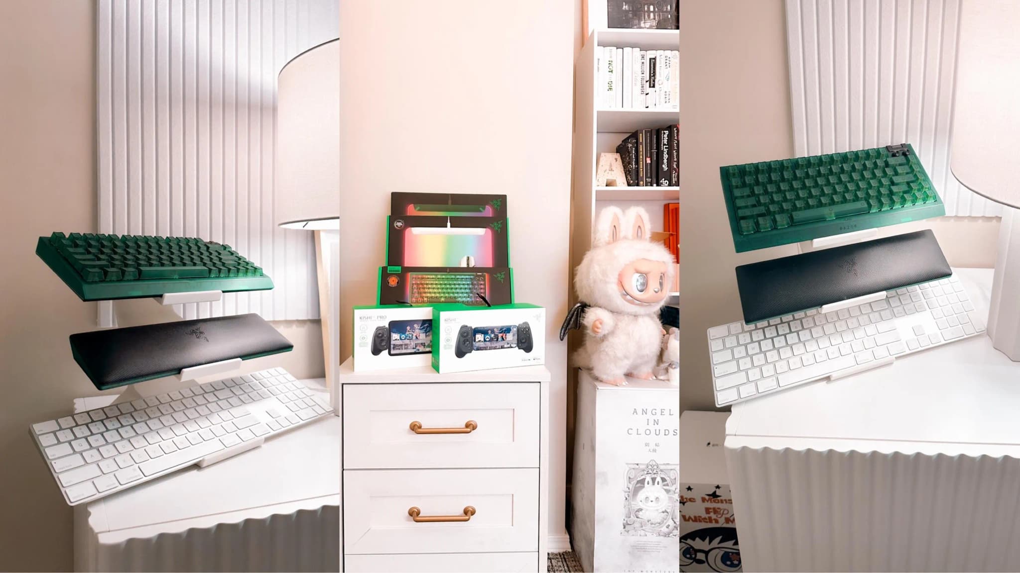 Green keyboard on a white display stand shown from several angles